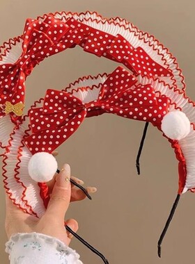 手作洛丽塔红色波点小雪球蝴蝶结发箍lolita软妹公主风可爱心
