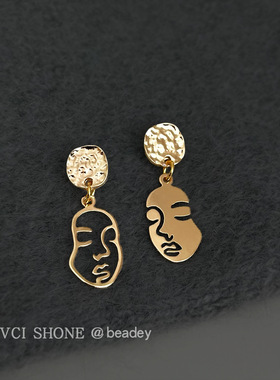 艺术抽象个性~不对称设计轻奢人像脸谱耳钉镀银针镀14K耳饰 耳环