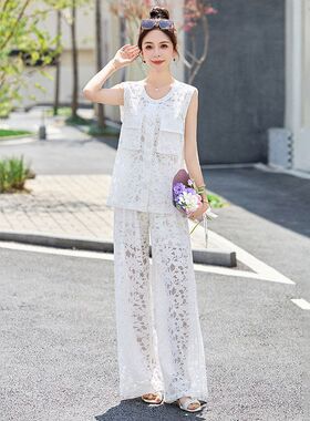 蕾丝镂空套装女2025夏季新款高级感坎肩上衣吊带超火直筒裤套装