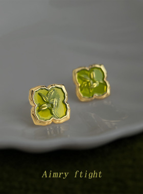 春系~原创草绿色几何感新中式小清新花朵耳饰工厂 新款耳钉女