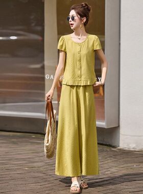 时尚通勤套装女2025夏季新款韩系圆领木耳边拼接衬衫阔腿裤两件套