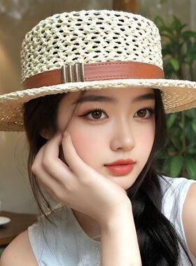 镂空草编平顶帽女夏季防晒遮阳礼帽宽檐沙滩度假风帽子显脸小