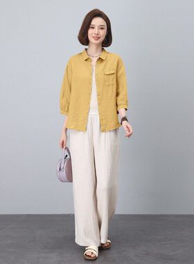 休闲风翻领衬衫阔腿裤两件套女2026夏季新款洋气减龄显瘦时尚套装