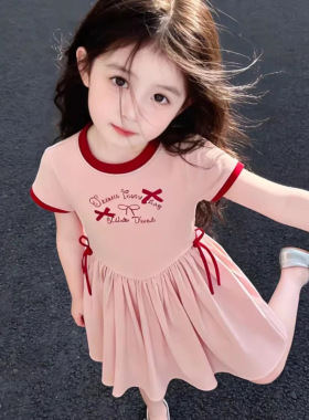 夏季女童撞色连衣裙 2026 新款洋气儿童裙子中小童女宝短袖百褶裙