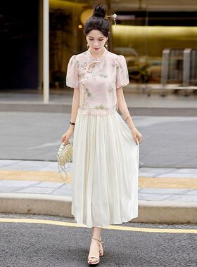 新中式国风盘扣印花上衣半身裙两件套女2025夏季修身显瘦套装裙子