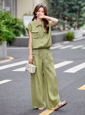 设计感绿色短袖衬衫阔腿裤套装女2026夏新款慵懒风时尚显瘦三件套