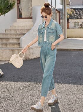 复古休闲薄款牛仔套装女2025夏减龄一整套穿搭蕾丝拼接洋气两件套