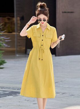 时尚韩版休闲连衣裙女2025年夏新款宽松简约大方系带纯色衬衫裙
