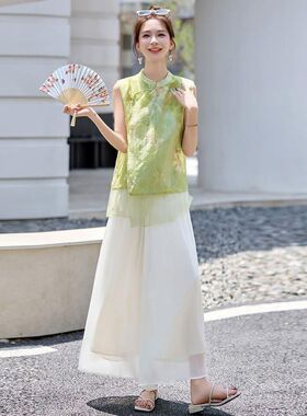 2026夏季新中式风立领刺绣两件套女装洋派减龄套装