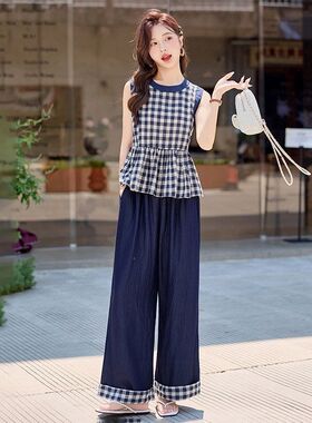 韩系慵懒风格子无袖背心阔腿裤套装女2025夏季新款酷飒休闲两件套