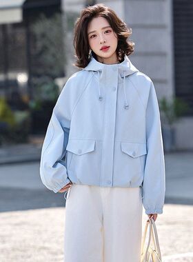 百搭连帽短外套女2026春季新款宽松落肩袖休闲夹克显瘦减龄晴空蓝