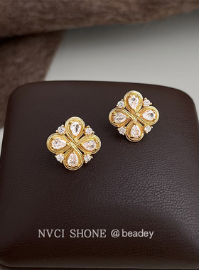 原创设计中古风镀银针镶嵌锆石中国结文艺复古新款几何耳钉 耳饰