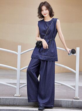 轻薄牛仔无袖套装女2024夏季新款韩系减龄设计感减龄阔腿裤两件套