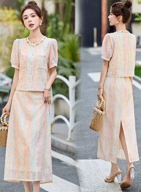 小香风短袖套装裙女夏轻奢高级感复古刺绣法式赫本风半身裙两件套