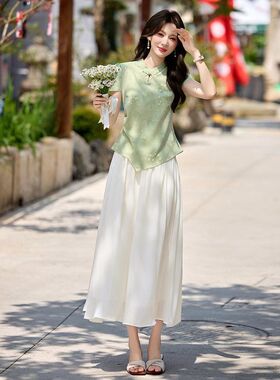 新中式国风提花套装女2026夏新款高级感气质盘扣上衣半身裙两件套
