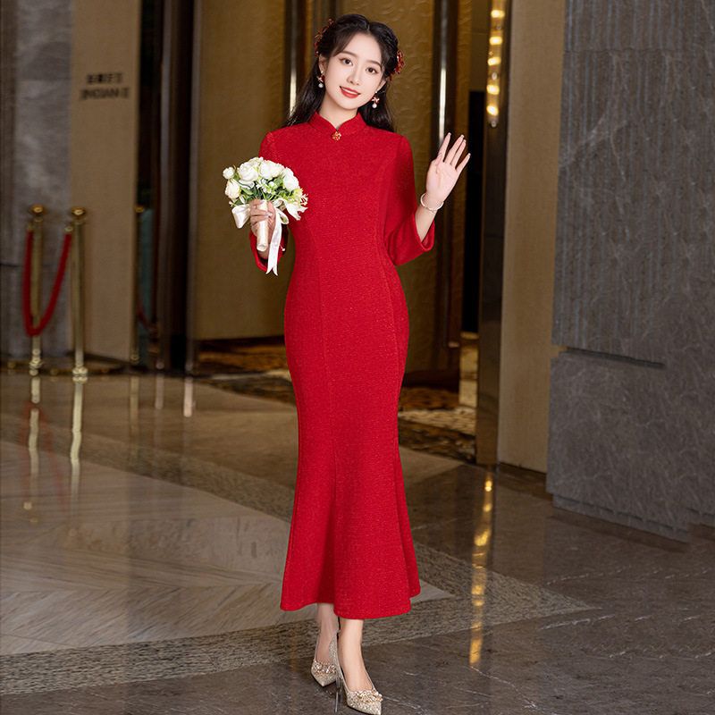 红色高级感鱼尾改良旗袍年轻款女中式新娘敬酒服订婚结婚宴会礼服