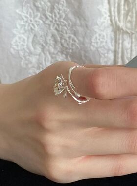 冷淡风银色四照花戒指重工轻奢精致小众设计感树叶纹理独特食指戒