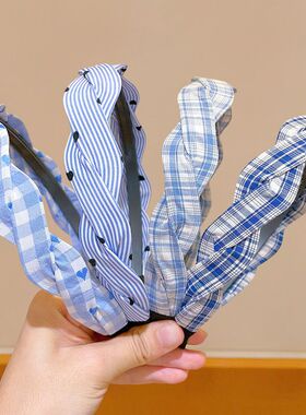 蓝色格子儿童韩系发箍麻花头箍带齿防滑不勒头高颅顶发捆不伤发女