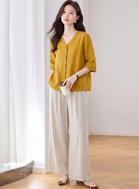亚麻衬衫夏季套装女2026新款宽松休闲棉麻风妈妈阔腿裤时尚两件套