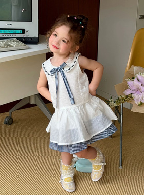 儿童装女童裙子学院蝴蝶结假两件连衣裙2026夏季新款童装货源