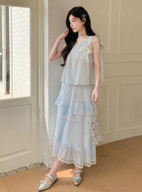 少女清新甜美浅蓝色蕾丝花边无袖套装裙2025夏季减龄半身裙两件套