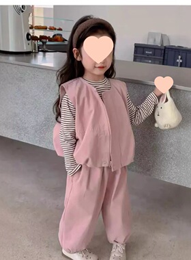 女童套装圆领打底衫马甲裤子甜美学生三件套2026春秋装新款