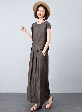 时尚阔腿裤套装女夏季2025新款妈妈宽松气质天丝提花两件套