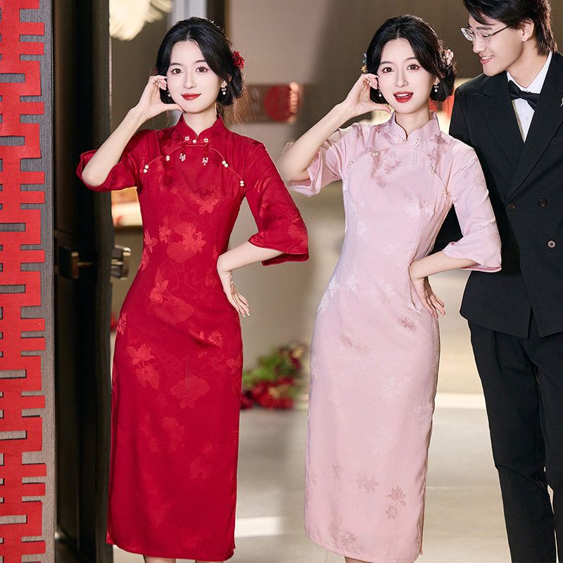 红色国风新中式秋季长袖旗袍改良年轻款女高级感新娘敬酒服回门服
