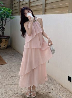设计挂脖连衣裙女2026夏季新款法式温柔度假风蛋糕裙长裙子 3265