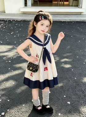 儿童装女童裙子学院风深蓝拼色甜美连衣裙公主裙2026夏季新款