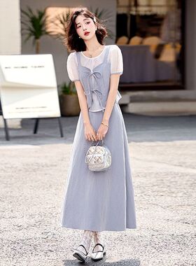 短袖吊带拼接两件套连衣裙女夏季长款2025新款百搭今年流行套装