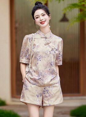 新中式国风改良旗袍套装女2025夏季新款气质小个子印花短裤两件套
