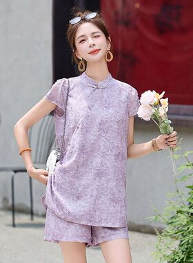 新中式国风套装女夏季小个子时尚复古盘扣减龄显瘦短裤两件套