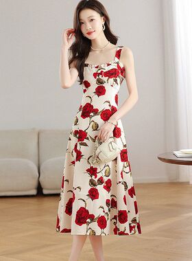 法式玫瑰花雪纺吊带连衣裙女夏季2025新款气质显瘦无袖A字长裙子