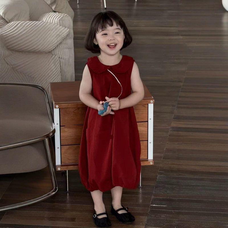 童装2025夏韩版女童复古红色娃娃领背心裙宝宝时髦花苞连衣裙子