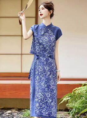改良旗袍苎麻连衣裙女2025夏新款百搭国风精致棉麻碎花包臀裙套装