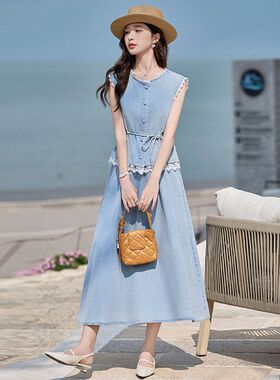 2025夏装新款水洗轻薄牛仔拼接裙子蕾丝花边甜美气质收腰两件套女