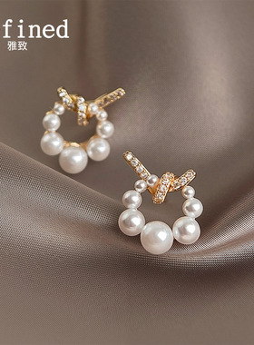 微镶锆石镀银针镀14k时尚简约感珍珠几何绳结耳钉工厂耳饰女