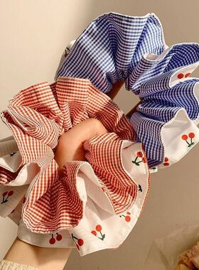红格子蓝格子高级感蓝色条纹樱桃大肠发圈女扎头发大号头绳发饰
