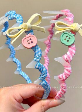 可爱格纹纽扣发箍女洗脸压发防滑头箍甜美蝴蝶结带齿波浪发卡头饰