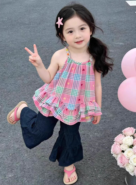 儿童装女童套装DIY麻绳吊带格子上衣加牛仔喇叭裤2026夏季新款潮