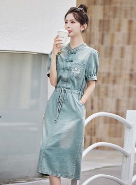 新中式国风牛仔连衣裙女2025夏季款时尚洋气薄款收腰显瘦短袖裙子