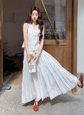 小个子优雅白色无袖马甲套装女2026夏季新款绝美高端半身裙两件套