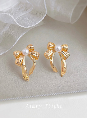 原创设计师款珍珠蝴蝶结新款耳饰清新甜美简约时尚通勤感耳钉