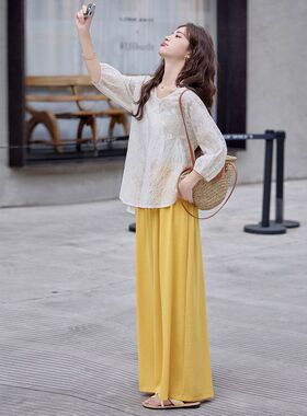 刺绣蕾丝套装女2025夏季女装新款法式圆领上衣显瘦阔腿裤两件套