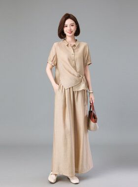 时尚天丝麻套装女2025夏季新款时尚洋气减龄衬衫休闲阔腿裤两件套