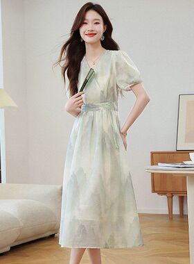 新中式国风连衣裙女2025夏季新款气质名媛山水碎花V领时尚长裙子