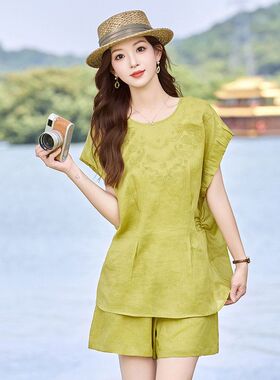 时尚休闲套装女2025夏新款洋气小个子显瘦减龄棉麻上衣短裤两件套