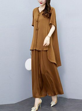 大码裙裤套装女贵夫人宽松胖MM妈妈夏装洋气中年天丝阔腿裤两件套