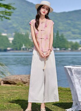 新中式国风印花盘扣时尚套装女2026夏季新款洋派减龄显瘦两件套潮